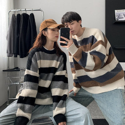 Bonsir Autumn Winter New Hong Kong Contrast Color Striped Round Neck Sweater Men's Loose Couple Bottoming Knit Sweater Soft Pullovers