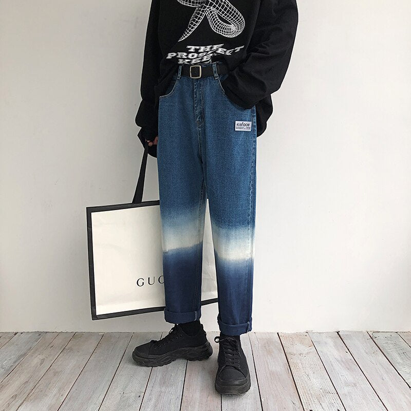 Bonsir Autumn Gradient Jeans Men's Fashion Washed Casual Retro Jean Pants Men Streetwear Loose Hip Hop Straight Denim Trousers Mens