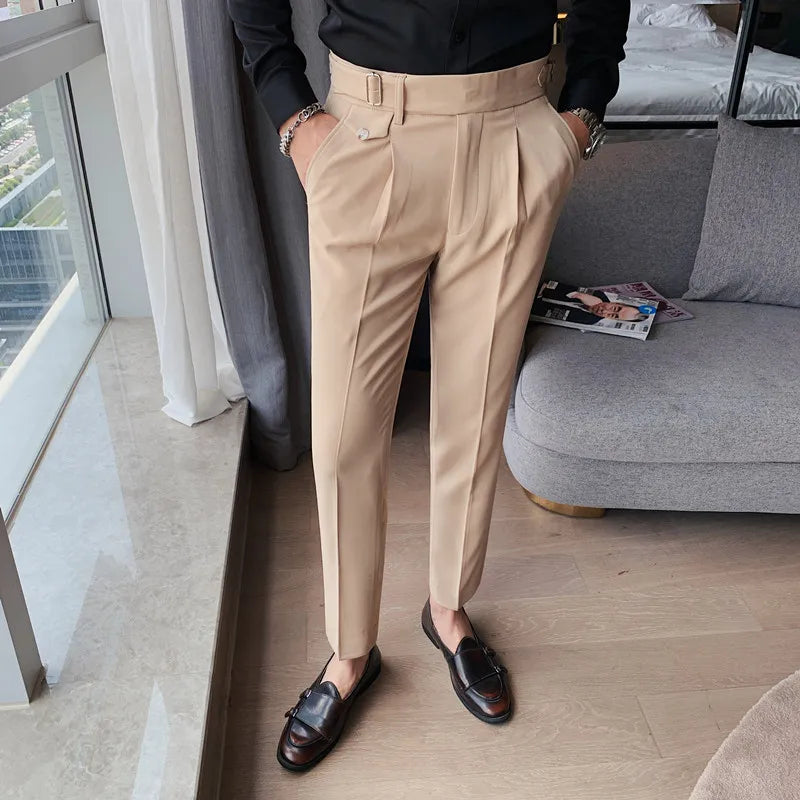 sanyamk New Design Men High Waist Trousers Solid England Business Casual Suit Pants Belt Waistline Straight Slim Fit Bottoms Clothing