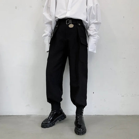 Bonsir Fashion Men Joggers Pant High Waist Wide Leg Belt Tapered Trousers Metal Disc Black Loose Hip Hop Streetwear Oversize Pants Man