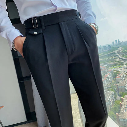 sanyamk New Design Men High Waist Trousers Solid England Business Casual Suit Pants Belt Waistline Straight Slim Fit Bottoms Clothing