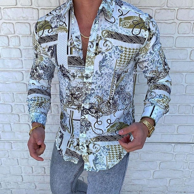 sanyamk trendy mens fashion mens summer outfits dope outfits mens street style mens spring fashion aesthetic outfits menAutumn Long Sleeve Casual Shirt Vintage Pattern Chain Printed Patchwork Men Shirts 2021 Spring Turn-down Collar Button Men's Top