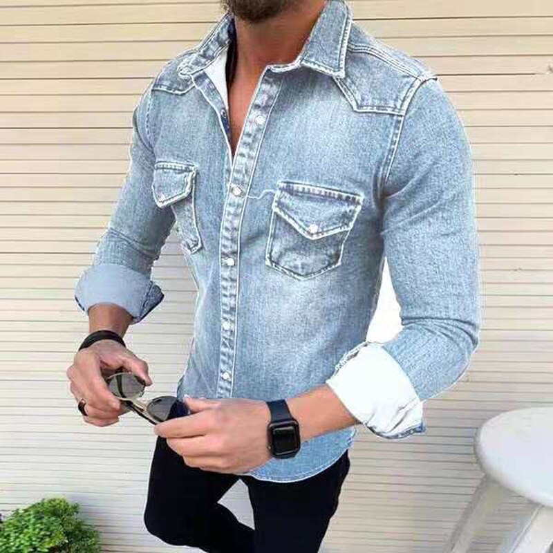 sanyamk Spring Autumn Men's Denim Jacket Fashion Casual Jeans Coat Clothes New Retro Simple Long-Sleeved Men's Fashion Plus Size Shirt