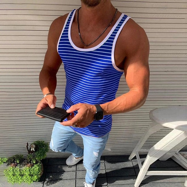 sanyamk Men Vests Summer Sleeveless Shirts Gym Clothing Men Stripped Sports Casual Fitness Tanks Slim Fit Mens Bodybuilding Tank Tops