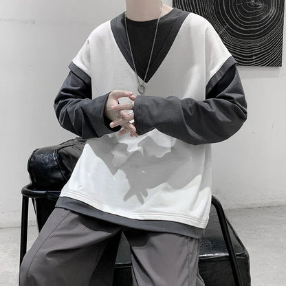 sanyamk Fake two long sleeved t-shirt men's autumn black and white contrast color sweater youth trend men's loose casual large coat