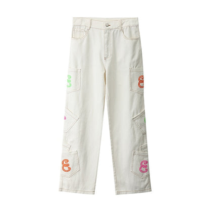 Bonsir Retro Pocket Letter Print Straight Cargo Pants Men and Women Oversize Jeans Trousers Harajuku Streetwear Casual Denim Trousers