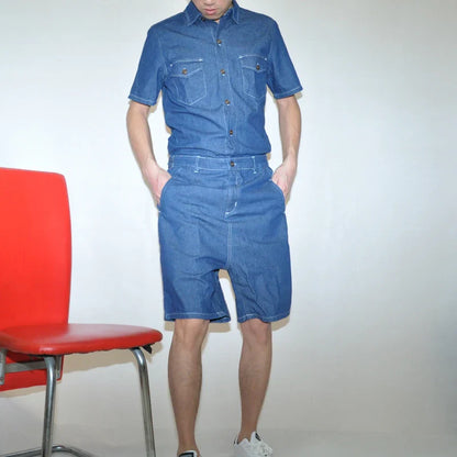 sanyamk Denim jumpsuit summer tide male jumpsuit short sleeve suit Korean fashion Slim original casual personality