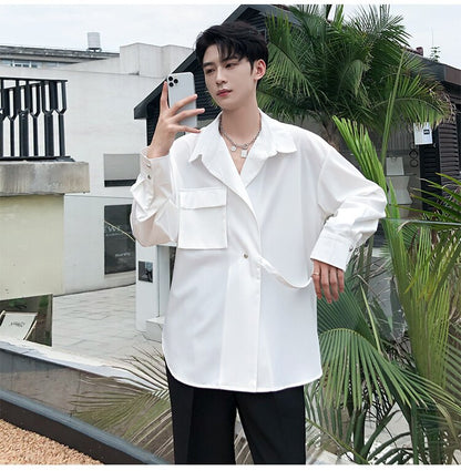 Bonsir Korean Style Men's Solid Color Long Sleeve Ribbon Shirts White/black Irregular Shirts Camisa Masculina Streetwear Clothes