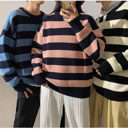 Bonsir Autumn Winter Sweater Men's O-neck Korean Casual Sweater Loose Knit Pullovers Trend Horizontal Stripe Lazy Thick Bottoming Shirt