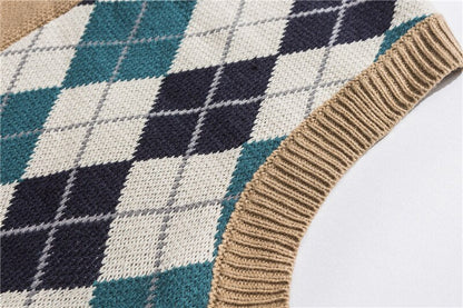 Bonsir Japanese Loose Couple Patchwork Argyle Sweater Vest Men's New Autumn Fashion Harajuku Letter Embroidery Man Pullover Vest