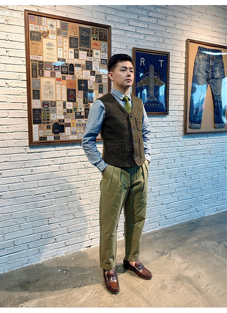 sanyamk Red Tornado Rugged Gentleman Style Wool Tweed Vest Retro Men Suit Waistcoat Green