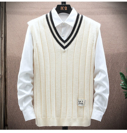 sanyamk 151 Autumn Winter Men Knitted Sweater Waistcoat Fashion Campus Casual Color Contrast Sleeveless Stripe V-Neck Patchwork Vest