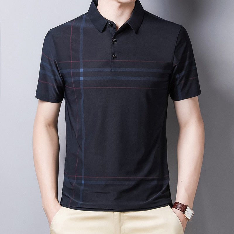 sanyamk Fashion Slim Men Polo Shirt Black Short Sleeve Summer Thin Shirt Streetwear Striped Male Polo Shirt for Korean Clothing