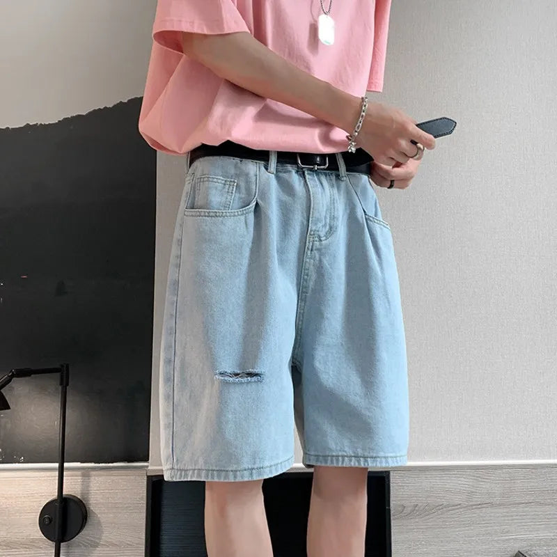 sanyamk Summer Men's Ripped Hole Jeans Shorts Blue Casual Knee-length Denim Short Pants Cotton Washed Classic Bermuda Shorts Male