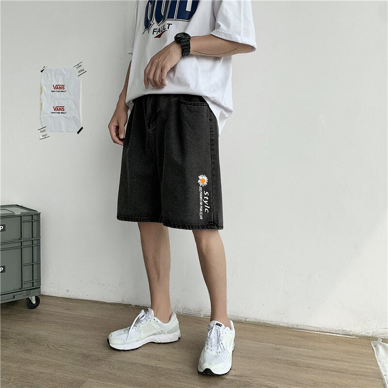 sanyamk  summer denim shorts men's trendy straight baggy pants casual versatile handsome five point pants streetwear gym