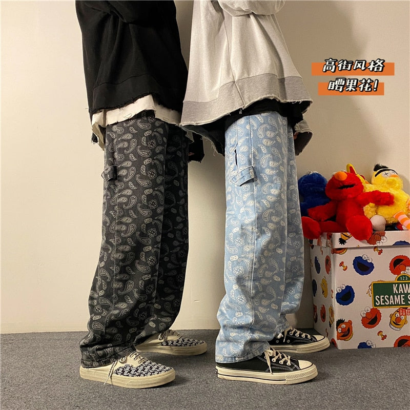 sanyamk Fashion Jeans Spring New High Street Cashew Flower Straight High Waist Loose Denim Pants streetwear pantalones