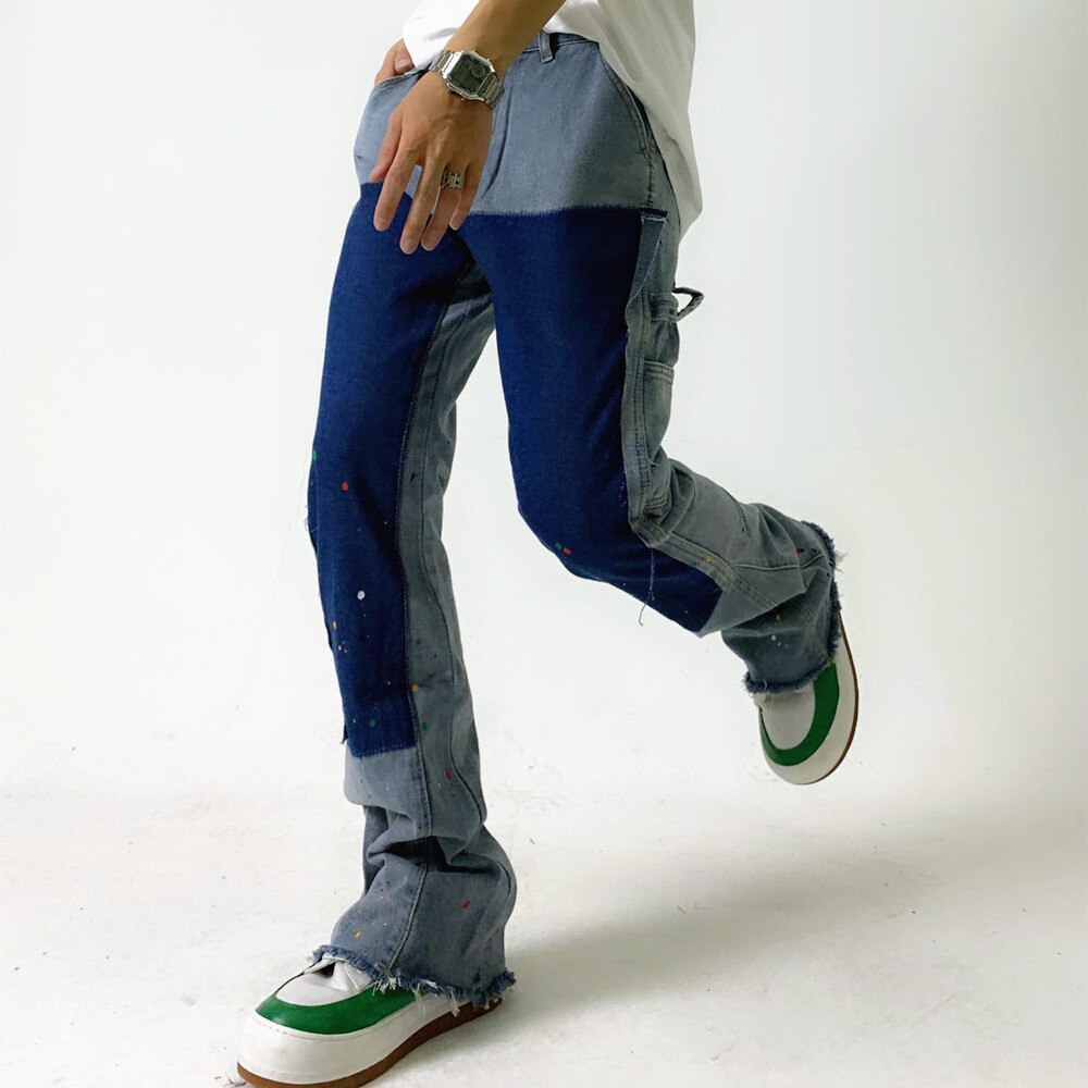 sanyamk High Street Inkjet Patchwork Blue Men Hip Hop Flares Jeans Pants Straight Retro Washed Distressed Denim Trousers Pantalon