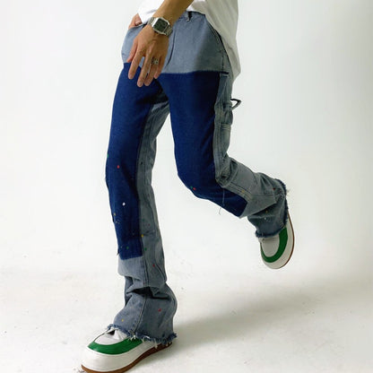 sanyamk High Street Inkjet Patchwork Blue Men Hip Hop Flares Jeans Pants Straight Retro Washed Distressed Denim Trousers Pantalon