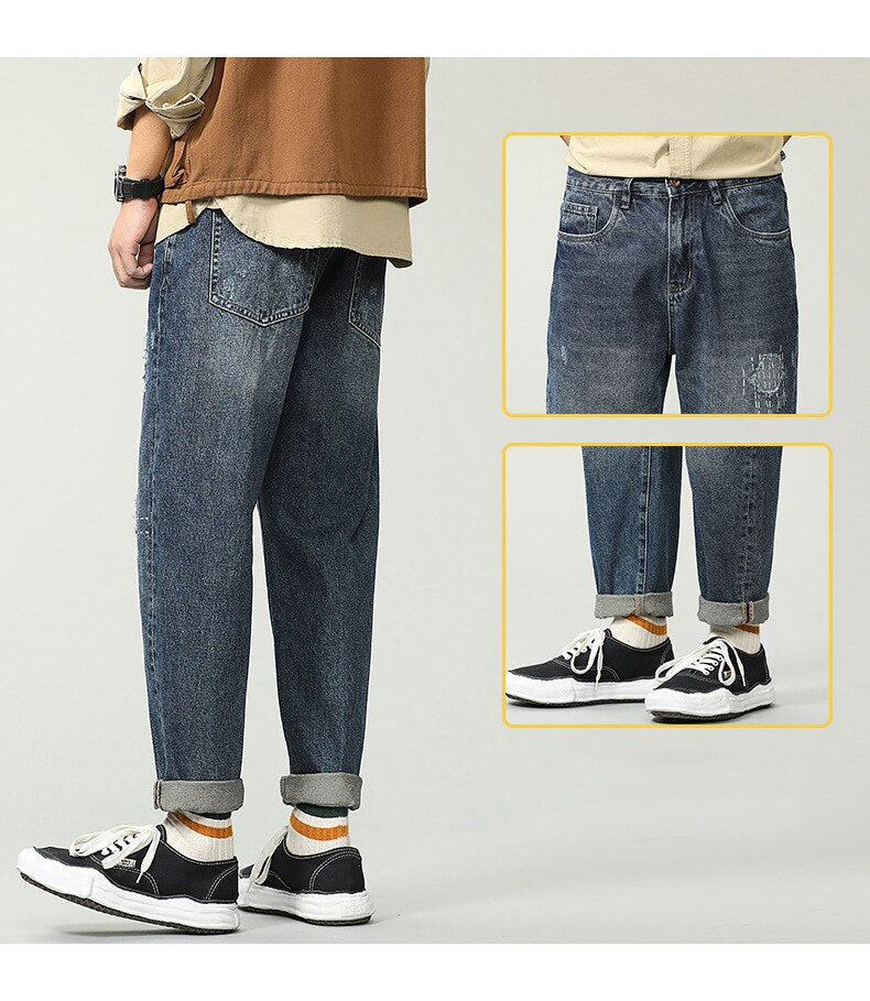 sanyamk Vintage Patch Jeans Autumn Casual Men Denim Pants Personality Trendy High Street Hip Hop Japan Style Loose Ankle-Length Trousers