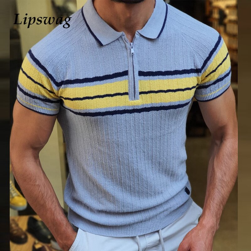 sanyamk Vintage Striped Print Mens Polo Shirt Summer Short Sleeve Knitted T Shirts Casual Turn-down Collar Zipper Tops For Men Clothing