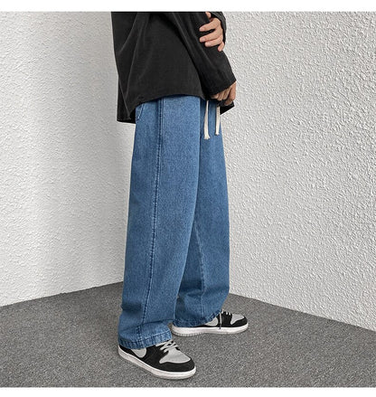 sanyamk Korean Fashion Men Wide Leg Jeans Spring Autumn New Streetwear Straight Baggy Denim Pants Male Elastic Waist Trousers 5XL-M