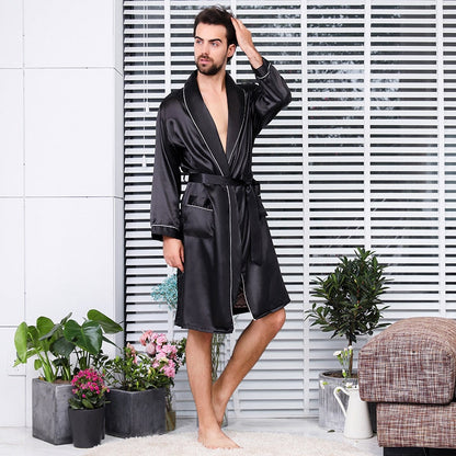 sanyamk Two-Piece Home Silk Robe Pants Pajama Set or Bathrobe Shorts Sets 7XL-M Long Sleeve Sleepwear for Men Kimono Soft Cozy Bath Gown