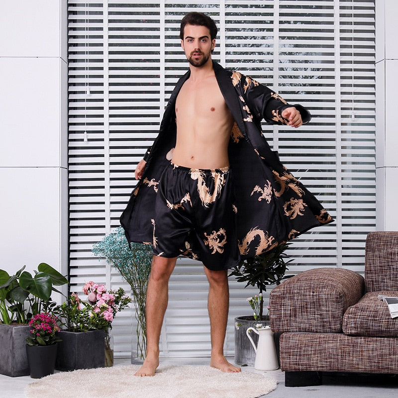 sanyamk Two-Piece Home Silk Robe Pants Pajama Set or Bathrobe Shorts Sets 7XL-M Long Sleeve Sleepwear for Men Kimono Soft Cozy Bath Gown