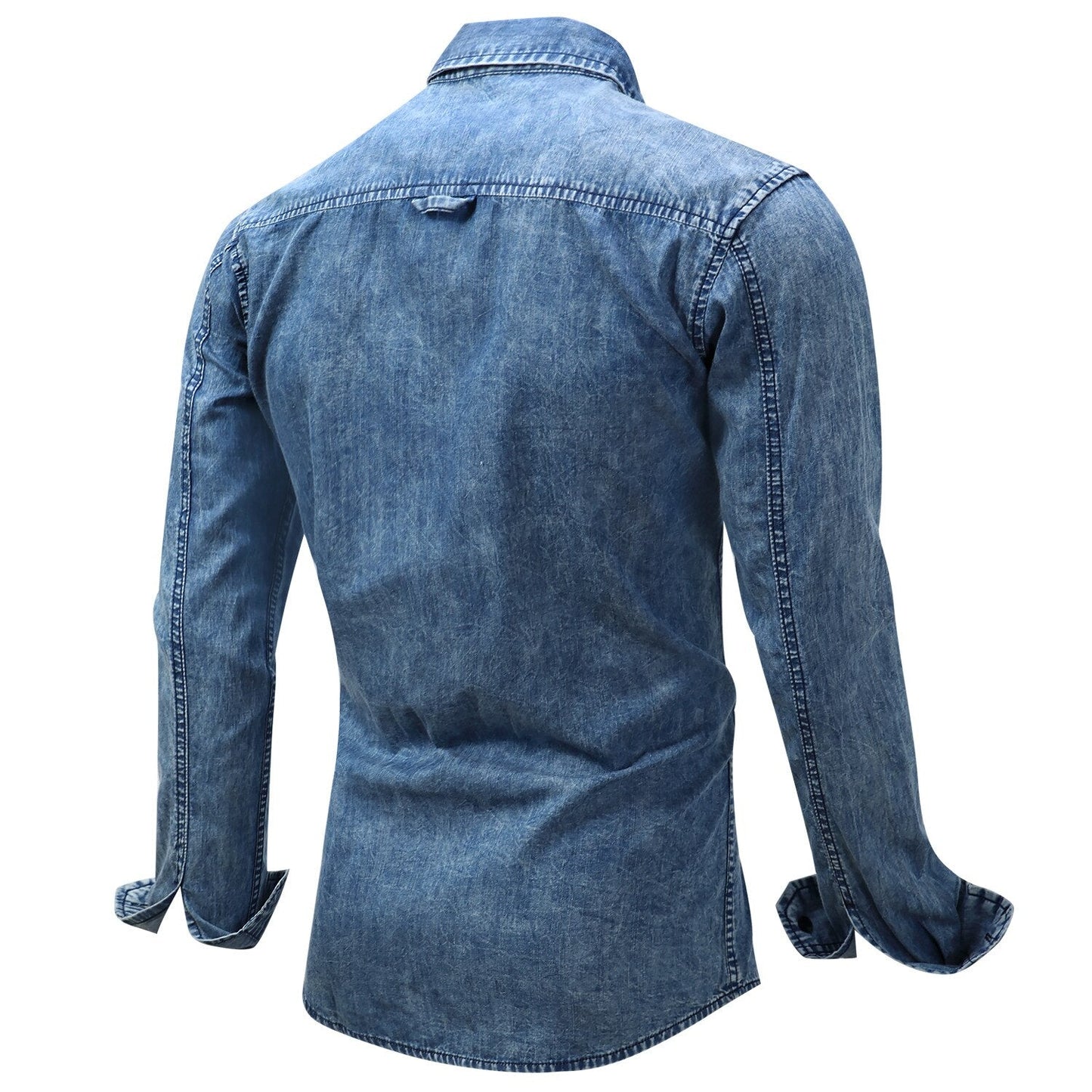 sanyamk New Men's Denim Shirt Plus Size Men's Lapel Long-Sleeved Patch Pocket Cotton Blue Shirt