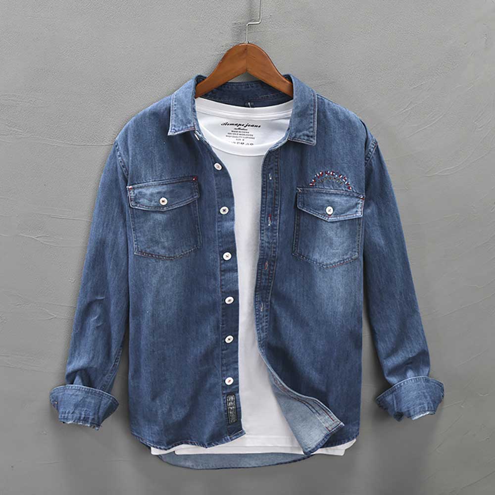 sanyamk New Fashion Men Denim Shirts Jacket Vintage Cotton Jeans Shirt Long Sleeve Clothing