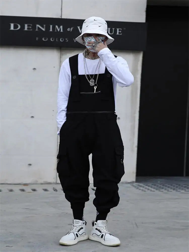 sanyamk  -  Autumn men's work clothes suspenders hair stylist dark functional casual pants teenagers loose Hip Hop Pants