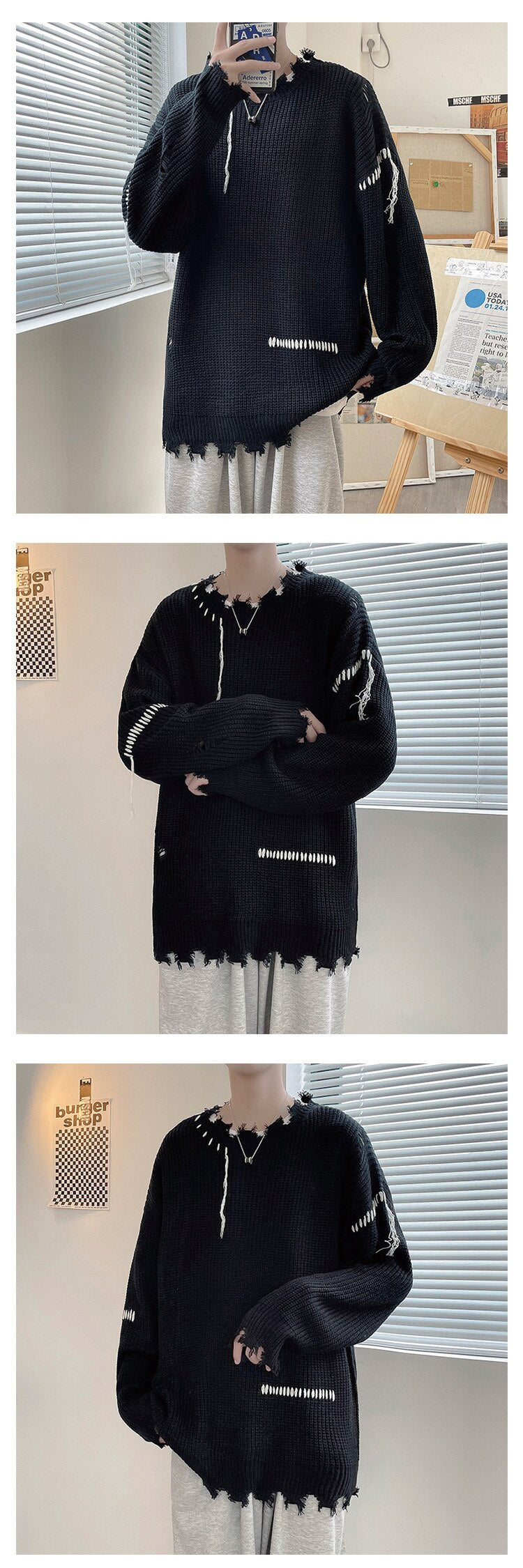 Bonsir Spring Autumn Ins High Street Ripped Sweater Men's Hole Loose Lazy Knitted Pullover Harajuku Version Trend Student Streetwear