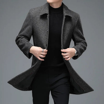 sanyamk High Quality Mens Winter Jackets and Coats Business Casual Woolen Jackets Coats Long Overcoat Men Turn Down Collar Wool Blends