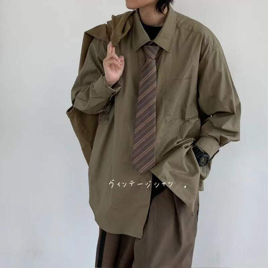 sanyamk  Men's Japanese Style Fashion Trend Long Sleeves Shirts Vintage Solid Color Work Shirt Khaki Color Clothes Coats Size S-2XL