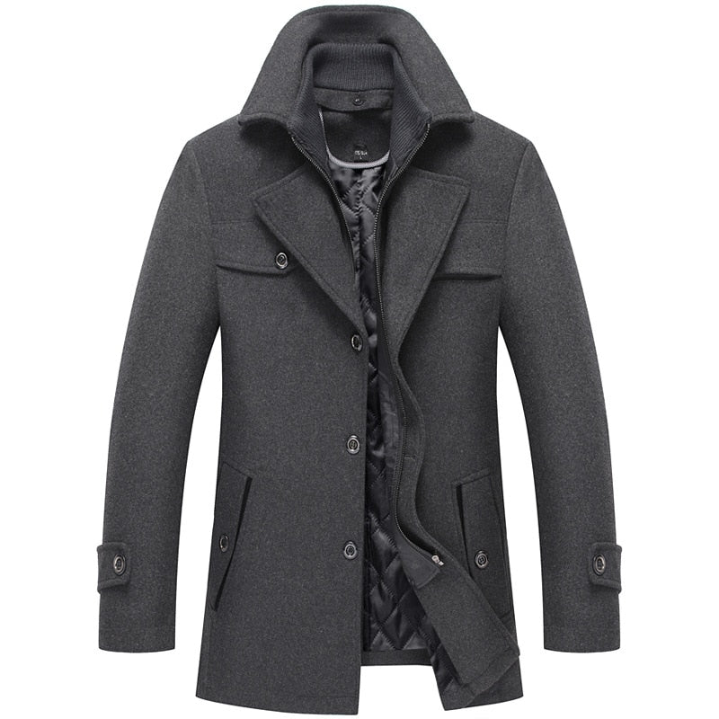 Brother Wang 2023 Winter Men's Thick Warm Wool jacket Double Collar Fashion Casual Slim Red Wine Trench Coat Male Brand Overcoat