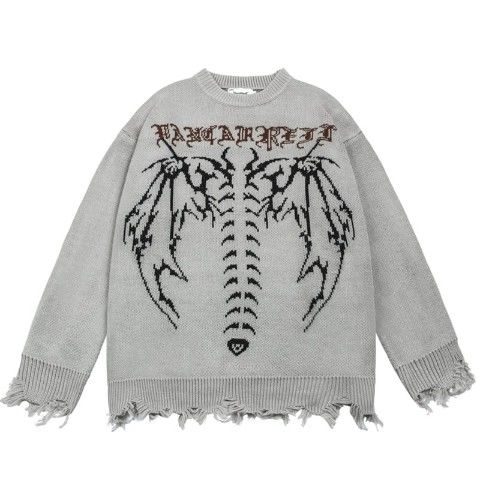 sanyamk Punk Gothic Wings Pattern Embroidery Destruction Style Oversized Sweater women Y2k Street Hip Hop Crew Neck Sweater Couple