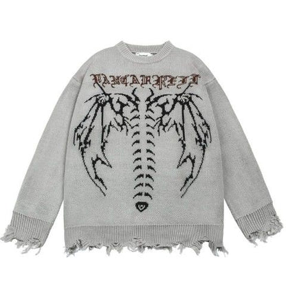 Bonsir Punk Gothic Wings Pattern Embroidery Destruction Style Oversized Sweater women Y2k Street Hip Hop Crew Neck Sweater Couple