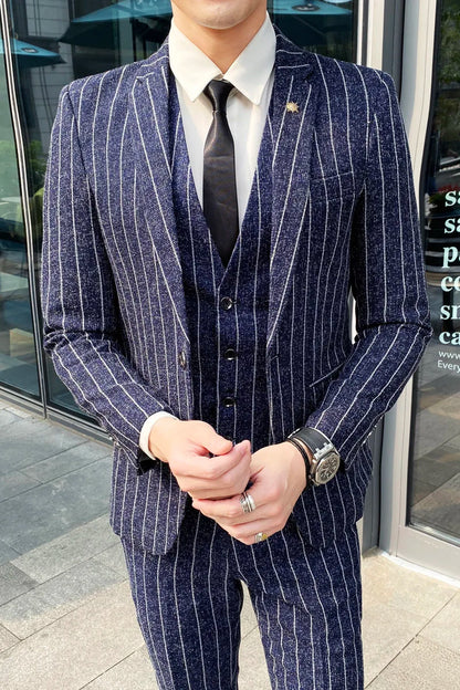 sanyamk Striped men's suit 3-Pieces Blazers+Pant Fashion Korean Slim Fit Casual men's tuxedo wedding men suits groom suit men's business