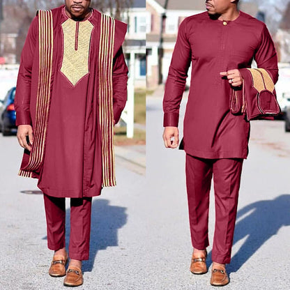 sanyamk H&amp;D African Agbada Suit For Men Embroidered Robes Dashiki Cover Shirt Pants 3 PCS Set Boubou Africain Homme Musulman Ensembles