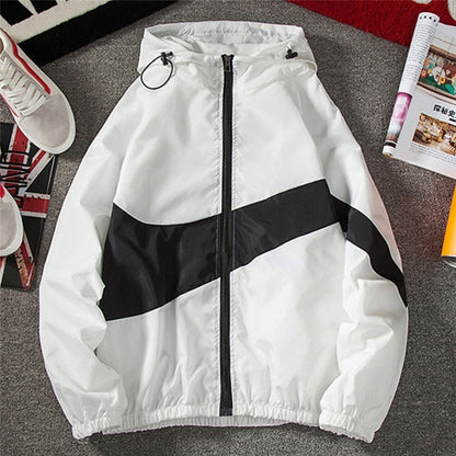 Men Spring Fall Thin Hoodies Coats Long Sleeves Color Block Zipper Hooded Sweatshirts Jacket Male Black /White/ Gray Outwear