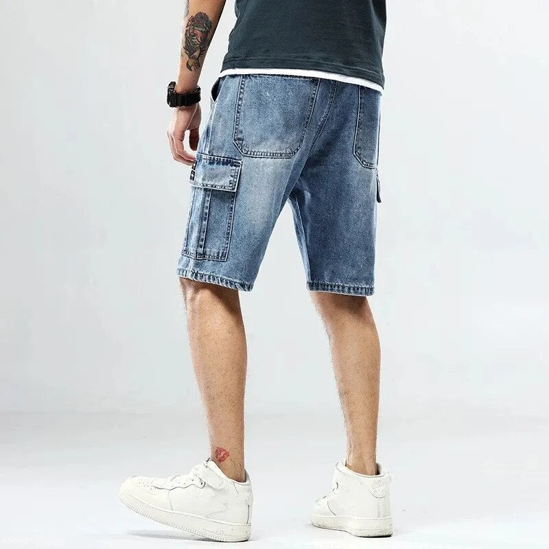 sanyamk Plus Size 40 Men's Loose Blue Denim Shorts Summer New Big Pocket Straight Jeans Cargo Shorts Male Plus Size Five Point Pants