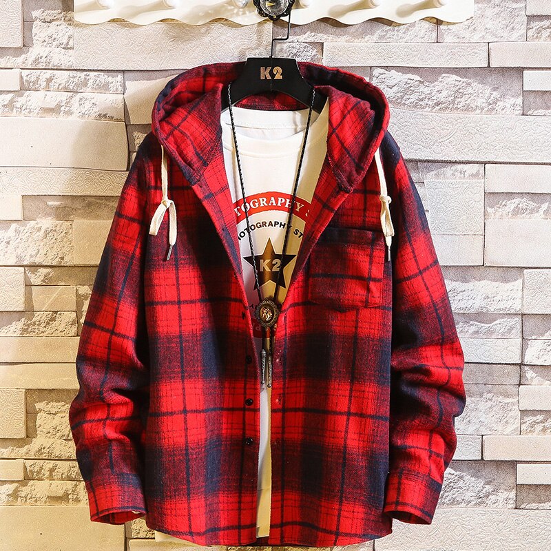 Bonsir Casual Brand With Hooded Plaid Shirt Men'S Fleece Red Shirts Long Sleeves  New Spring Autumn Plus OverSize S-7XL