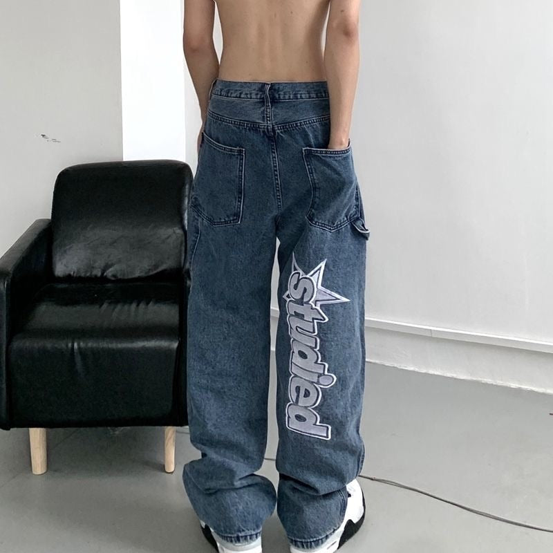 sanyamk American street clothing retro trend pocket jeans female letter star print high waist casual oversized straight pants women