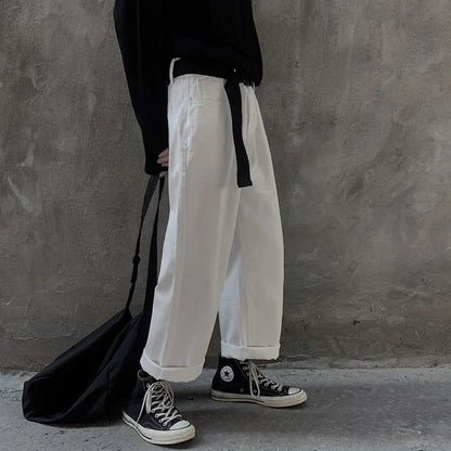 Bonsir White Street jeans wide leg pants men's straight tube loose Korean fashion ruffian handsome oversize high Street quarter men