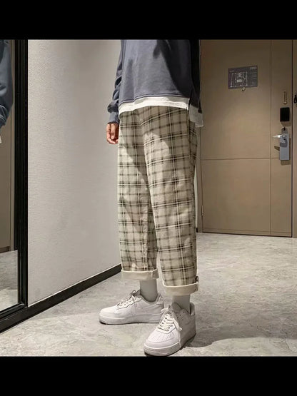 Bonsir Streetwear Plaid Pants Men Joggers Mens Straight Harem Pants Men Korean Hip Hop Trousers Plus Size