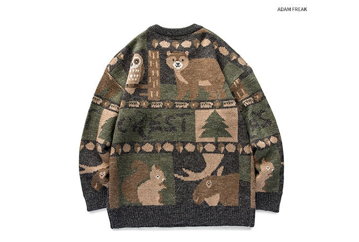 sanyamk Winter Vintage Sweater Men New Japanese Cute Bear Couples Knitted Sweater Pullover Hip Hop Harajuku Streetwear Men Clothing Tops