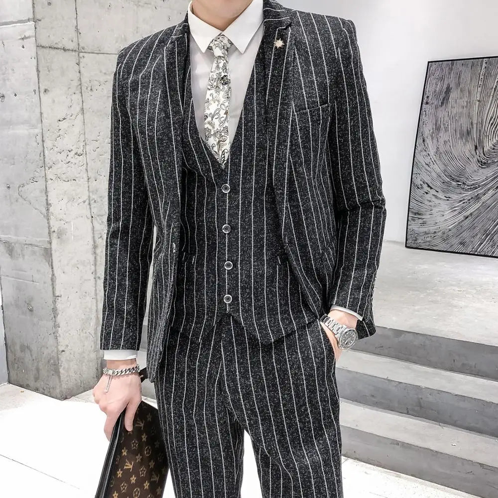 sanyamk Striped men's suit 3-Pieces Blazers+Pant Fashion Korean Slim Fit Casual men's tuxedo wedding men suits groom suit men's business