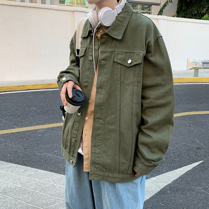 sanyamk Men Autumn New Denim Jackets Solid Casual Jean Jacket Rice White/Black/Army green Korean Fashion Jeans Coat Loose Outerwear