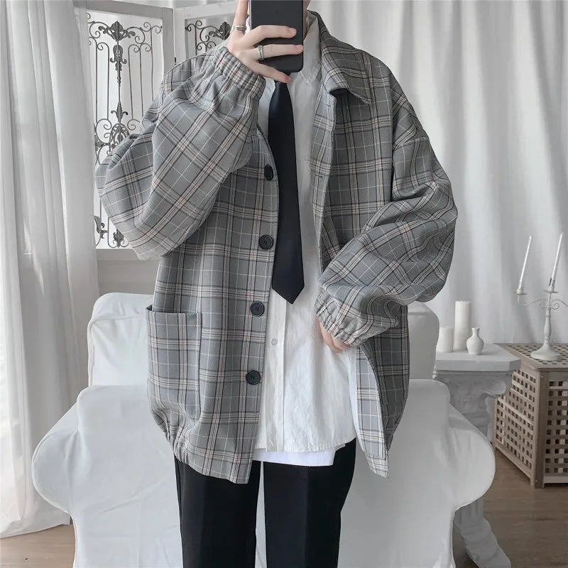 sanyamk New Men's Jacket Oversize Plaid Coat Single Breasted Turn-down Collar Vintage Checkered Windbreaker Clothing Tops Man Khaki