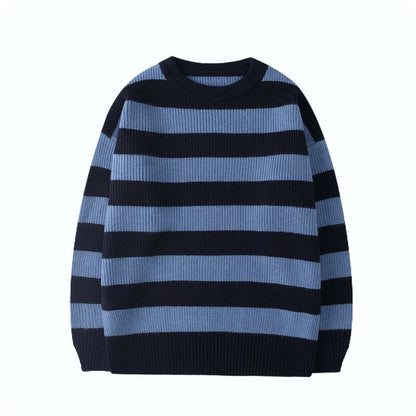 Bonsir Autumn Winter Sweater Men's O-neck Korean Casual Sweater Loose Knit Pullovers Trend Horizontal Stripe Lazy Thick Bottoming Shirt