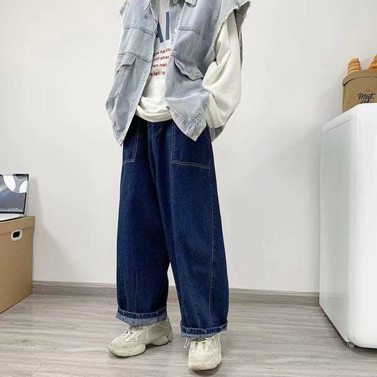 sanyamk New Style Men's Retro Streetwear Trousers Straight Overalls Hip Hop Casual Pants Trendy Loose Wide Leg Pants Blue Color Jeans